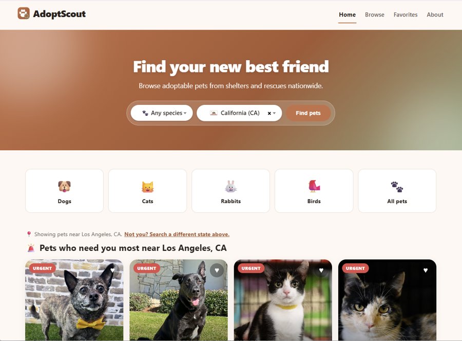 AdoptScout pet adoption search app screenshot